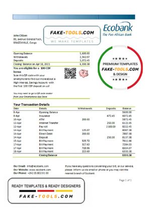 Congo Ecobank bank statement template in .xls and .pdf file format