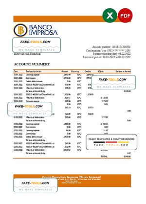 Costa Rica Banco Improsa bank statement Excel and PDF template