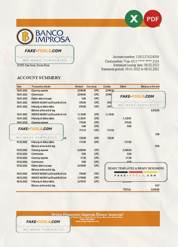 Costa Rica Banco Improsa bank statement Excel and PDF template scan effect