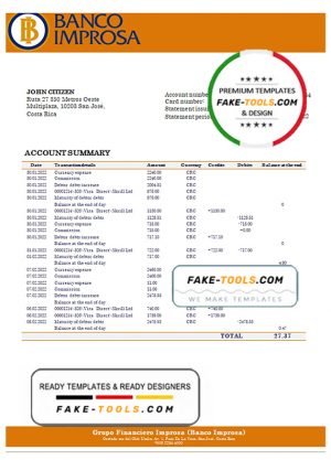 Costa Rica Banco Improsa bank statement template in Word and PDF format