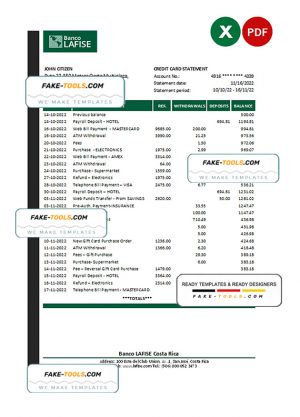 Costa Rica Banco Lafise bank statement Excel and PDF template