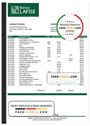 Costa Rica Banco Lafise bank statement template in Word and PDF format