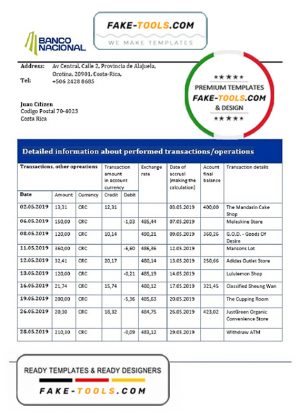 Costa Rica Banco Nacional de Costa Rica proof of address bank statement template in Word and PDF format
