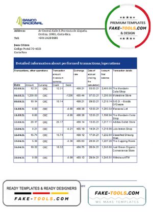 Costa Rica Banco Nacional bank statement easy to fill template in .xls and .pdf file format