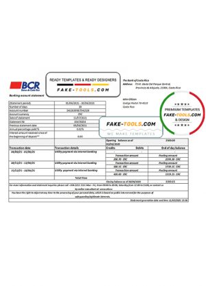 Costa Rica The Bank of Costa Rica bank statement easy to fill template in Excel and PDF format