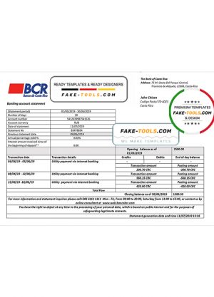 Costa Rica The Bank of Costa Rica bank statement template in Word and PDF format
