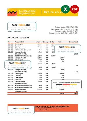 Cote d’Ivoire Attijariwafa bank statement Excel and PDF template