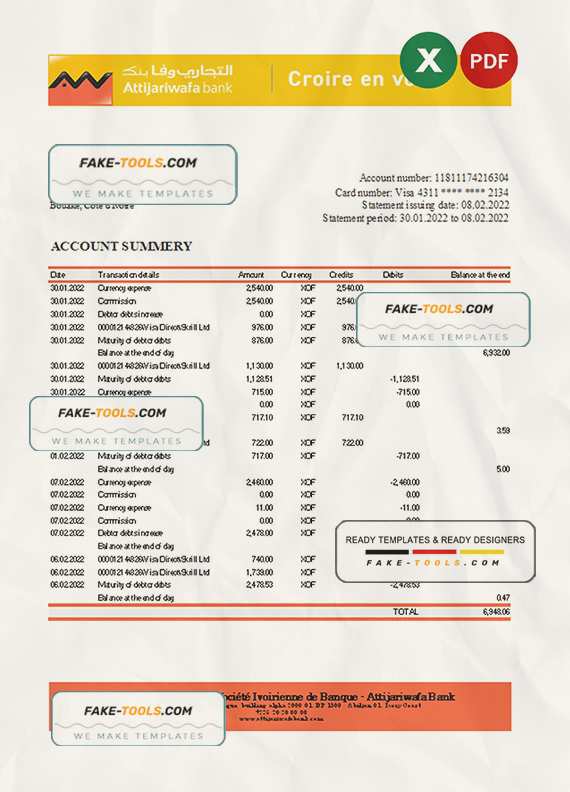 Cote d’Ivoire Attijariwafa bank statement Excel and PDF template scan effect