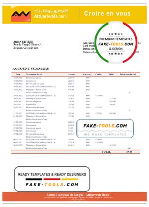 Cote d’Ivoire Attijariwafa bank statement template in Word and PDF format