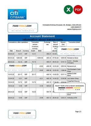 Cote d’Ivoire Citibank bank statement Excel and PDF template