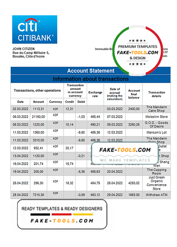 Cote d'Ivoire Citibank bank statement template in Word and PDF format