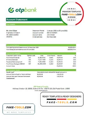 Croatia OTP Bank statement easy to fill template in Excel and PDF format