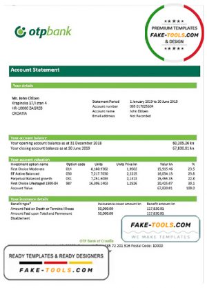 Croatia OTP proof of address bank statement template in Word and PDF format, .doc and .pdf format