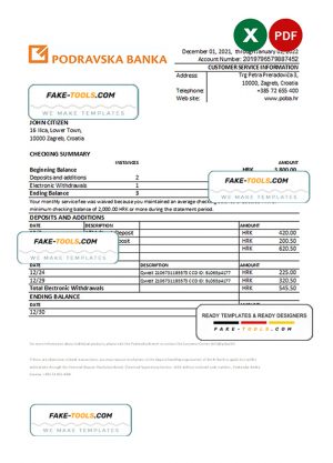 Croatia Podravska bank statement Excel and PDF template