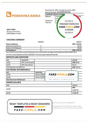 Croatia Podravska bank statement template in Word and PDF format
