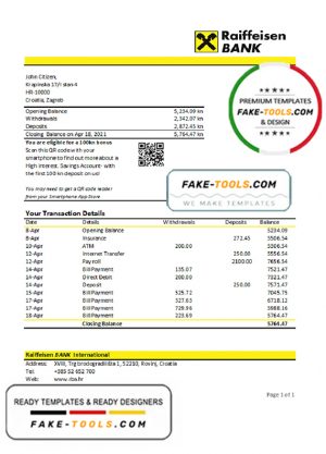 Croatia Raiffeisen Bank statement easy to fill template in .xls and .pdf file format
