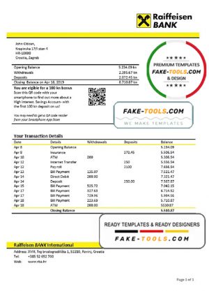 Croatia Raiffeisen Bank statement template, Word and PDF format (.doc and .pdf)