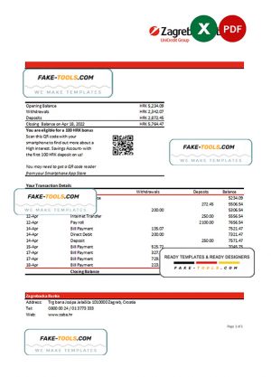 Croatia Zagrebačka Bank statement Excel and PDF template