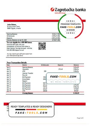 Croatia Zagrebačka bank statement template in Word and PDF format