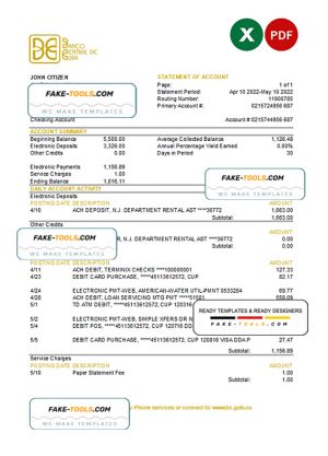 Cuba Banco Central de Cuba bank statement Excel and PDF template