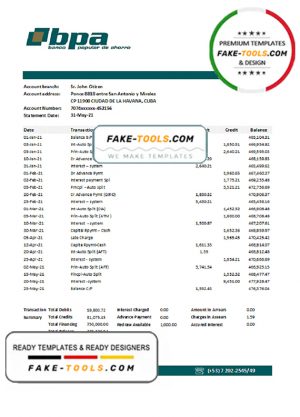 Cuba Banco Popular de Ahorro (BPA) bank statement easy to fill template in Excel and PDF format