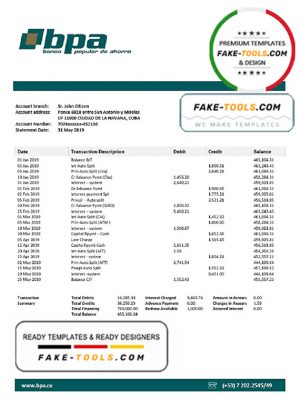 Cuba Banco Popular de Ahorro (BPA) bank proof of address statement template in Word and PDF format