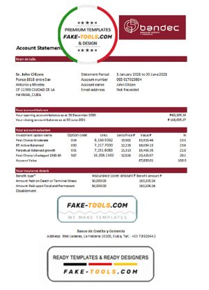Cuba Bandec Banco de Credito y Comercio bank statement easy to fill template in .xls and .pdf file format