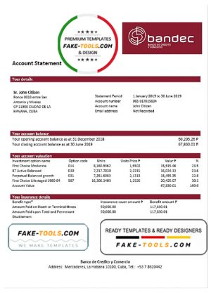 Cuba Bandec Banco de Credito y Comercio bank statement template in Word and PDF format, good for address prove