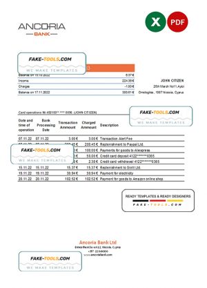 Cyprus Ancoria bank statement Excel and PDF template