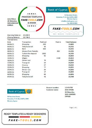 Cyprus Bank of Cyprus bank statement easy to fill template in .xls and .pdf file format