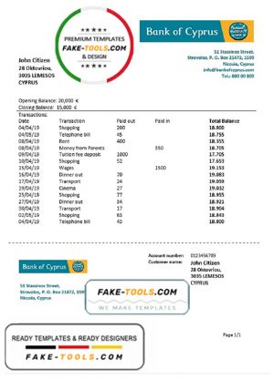 Cyprus Bank of Cyprus proof of address bank statement template in Word and PDF format