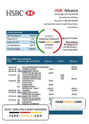 Czech HSBC bank statement easy to fill template in .doc and .pdf format, fully editable