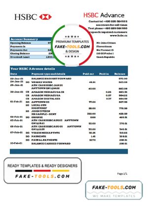 Czech Republic Československá Obchodní Banka bank statement easy to fill template in .xls and .pdf file format