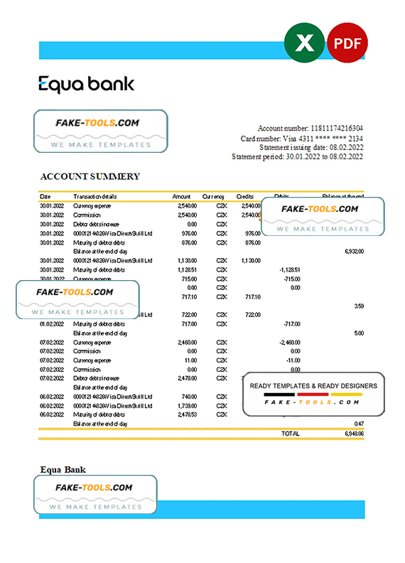 Czechia Equabank bank statement Excel and PDF template