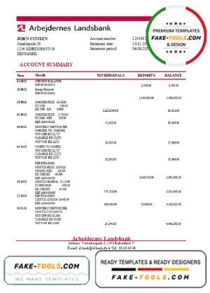 Denmark Arbejdernes Landsbank bank statement easy to fill template in Excel and PDF format