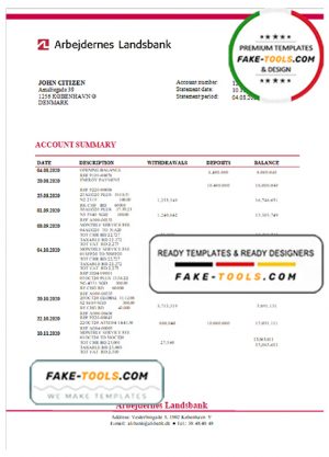 Denmark Arbejdernes Landsbank bank statement template in Word and PDF format