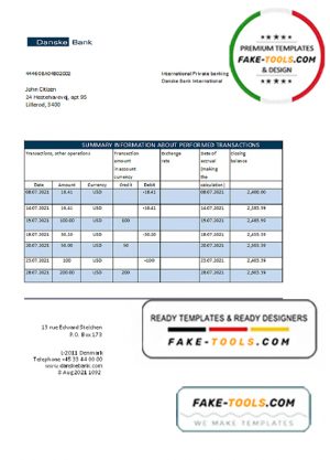 Denmark Danskebank bank statement easy to fill template in Excel and PDF format