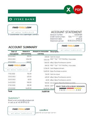 Denmark Jyske bank statement Excel and PDF template
