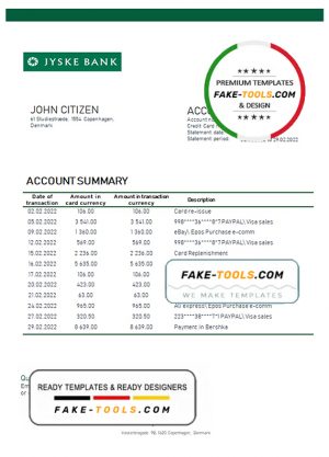 Denmark Jyske bank statement template in Word and PDF format