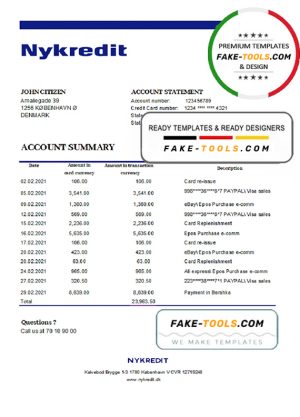 Denmark Nykredit bank statement easy to fill template in .xls and .pdf file format