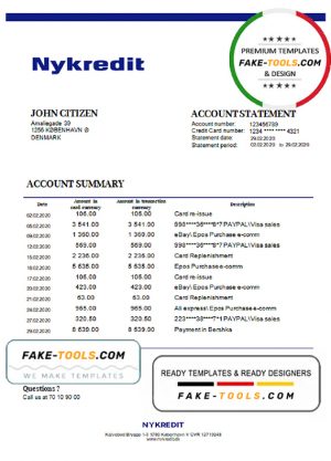 Denmark Nykredit bank statement template in Word and PDF format