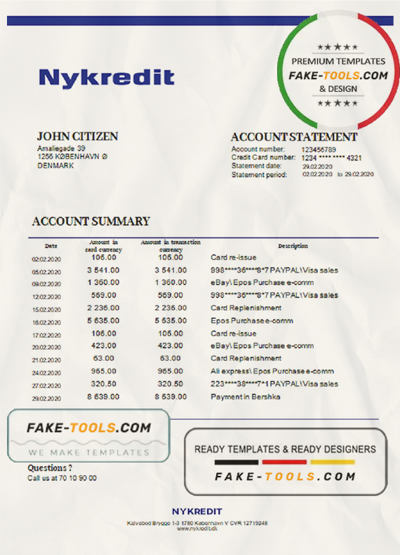 Denmark Nykredit bank statement template in Word and PDF format scan effect