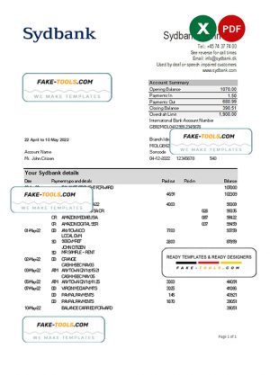 Denmark Sydbank statement Excel and PDF template