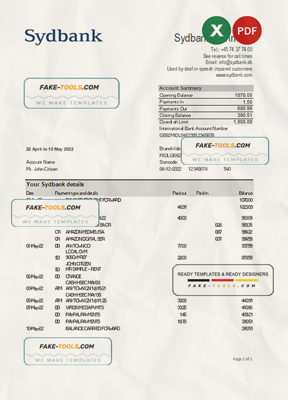 Denmark Sydbank statement Excel and PDF template scan effect