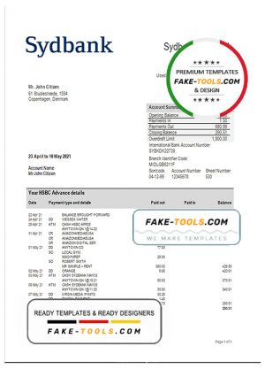Denmark Sydbank bank statement template in Word and PDF format