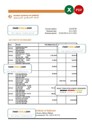 Djibouti Central Bank of Djibouti statement Excel and PDF template