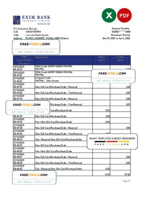 Djibouti Exim bank statement Excel and PDF template