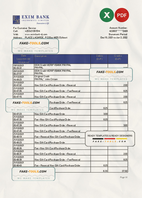 Djibouti Exim bank statement Excel and PDF template scan effect