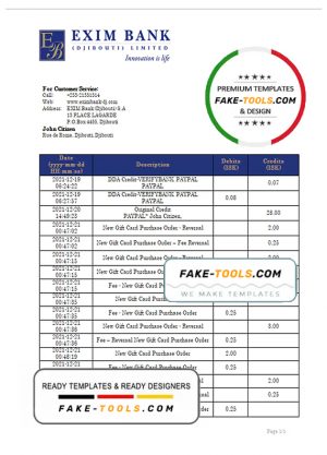 Djibouti Exim bank statement template in Word and PDF format