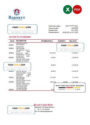 Dominica Barnett Capital Bank statement Excel and PDF template